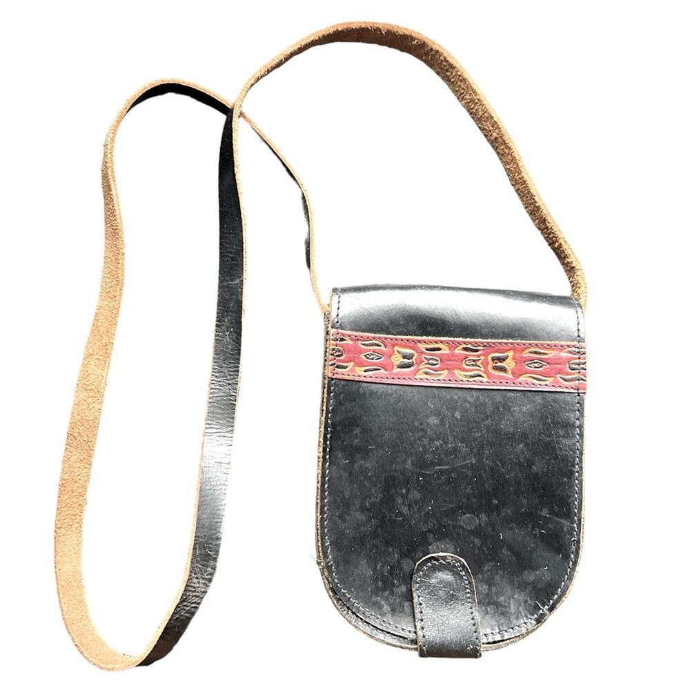 Vintage Handmade Black Tooled Leather Camera Crossbody Bag Purse Handbag Ethnic